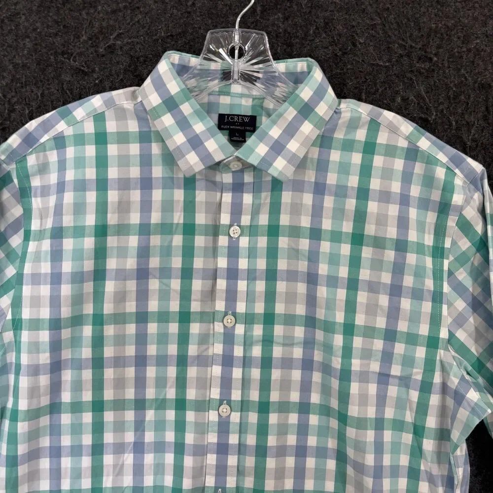 J.Crew Flex Wrinkle Free Shirt Men's Large Green Check Button Up Slim Stretch